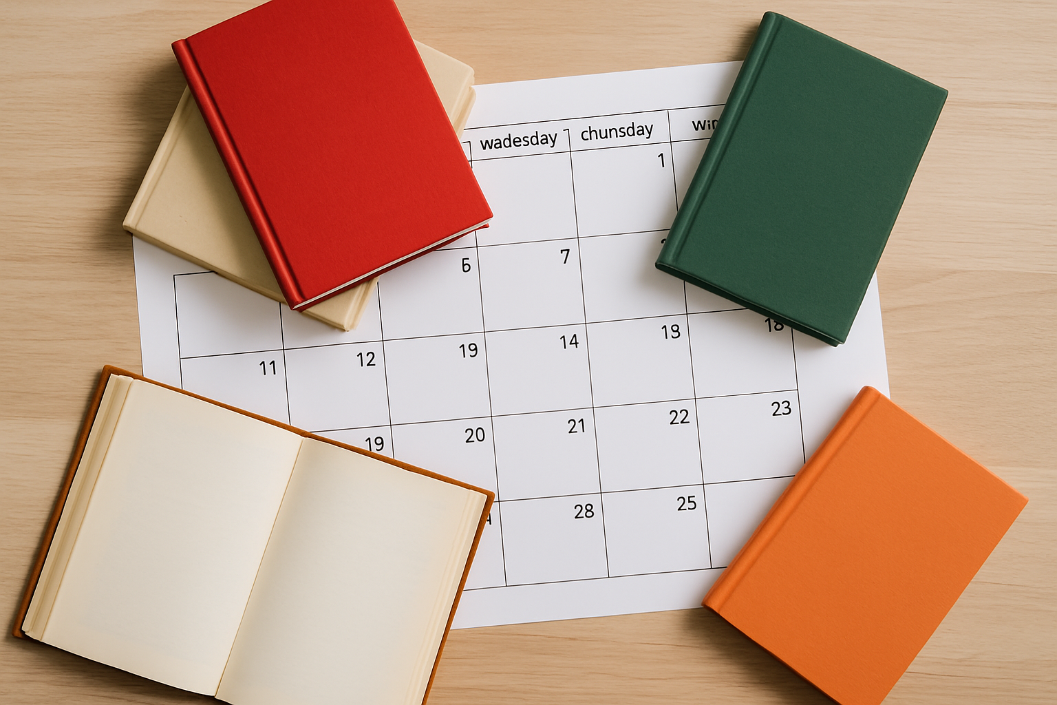 Colorful hardcover books arranged around a monthly calendar, representing reading challenges and annual reading goals.