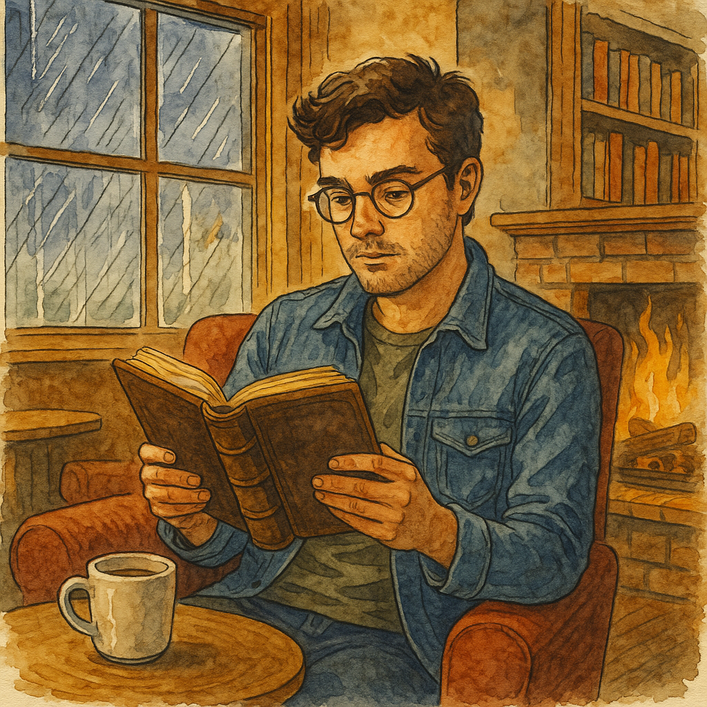 Watercolor illustration of a man reading a classic book beside a fireplace with a cup of coffee nearby.