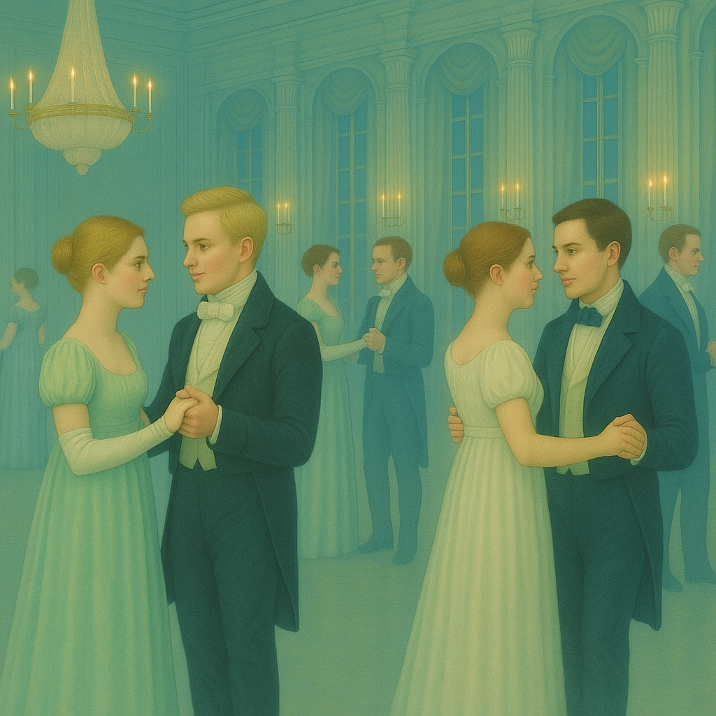 Illustration of couples in Regency-era formal dress dancing in an elegant ballroom.