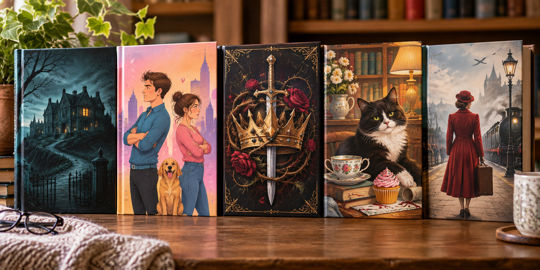 Illustration of common book cover tropes including an ominous house, romance couple, fantasy crown, cozy mystery cat, and historical fiction heroine