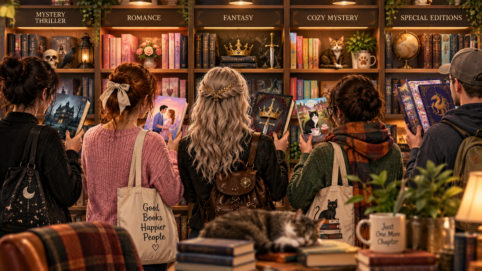 Illustration of readers choosing different book cover styles, including gothic, romance, fantasy, cozy mystery, and special editions.