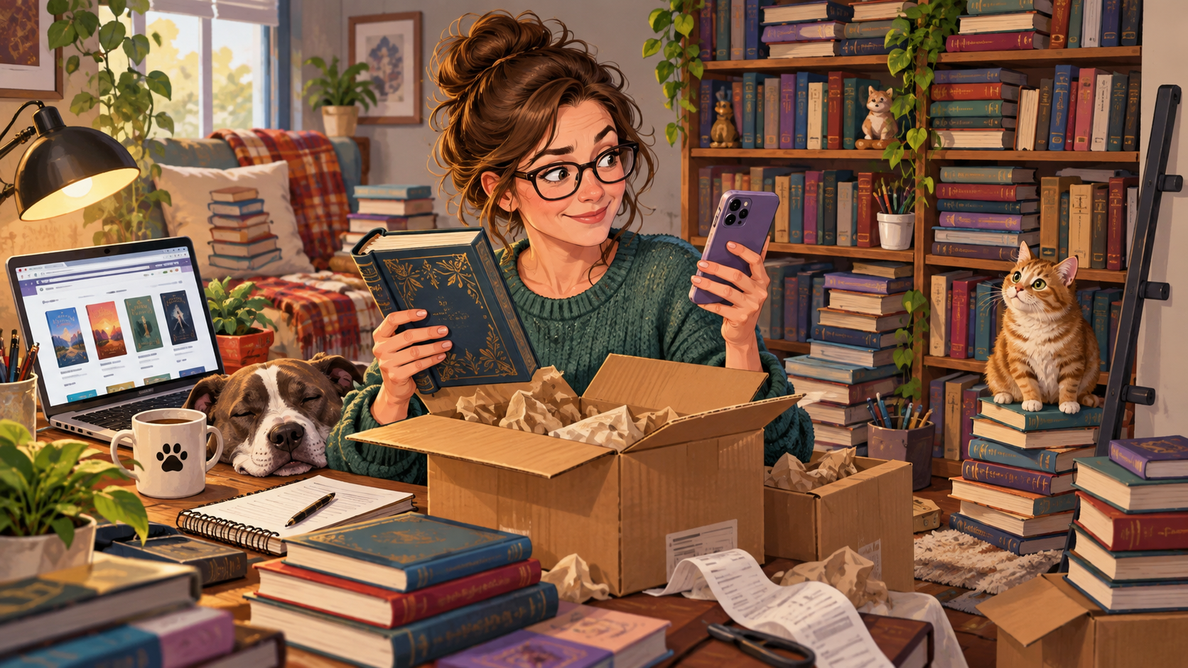 Illustration of a reader opening a book delivery beside an overflowing bookshelf while already shopping for another book.